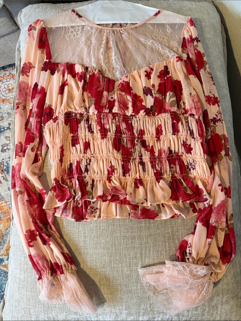 Free People Floral Smocked Lace-Yoke Blouse in Blush and Red